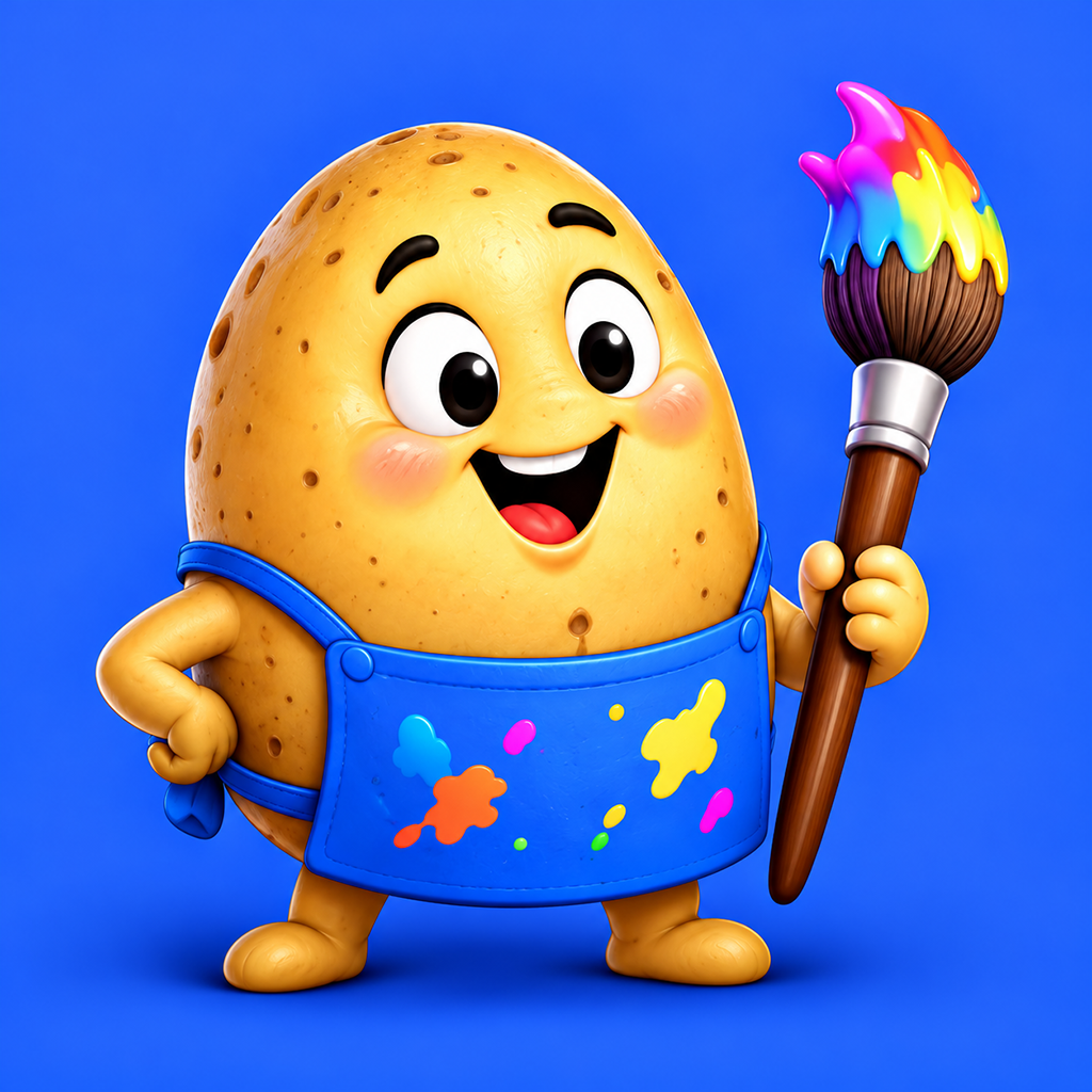 Photato’s cheerful potato artist holding a rainbow paintbrush