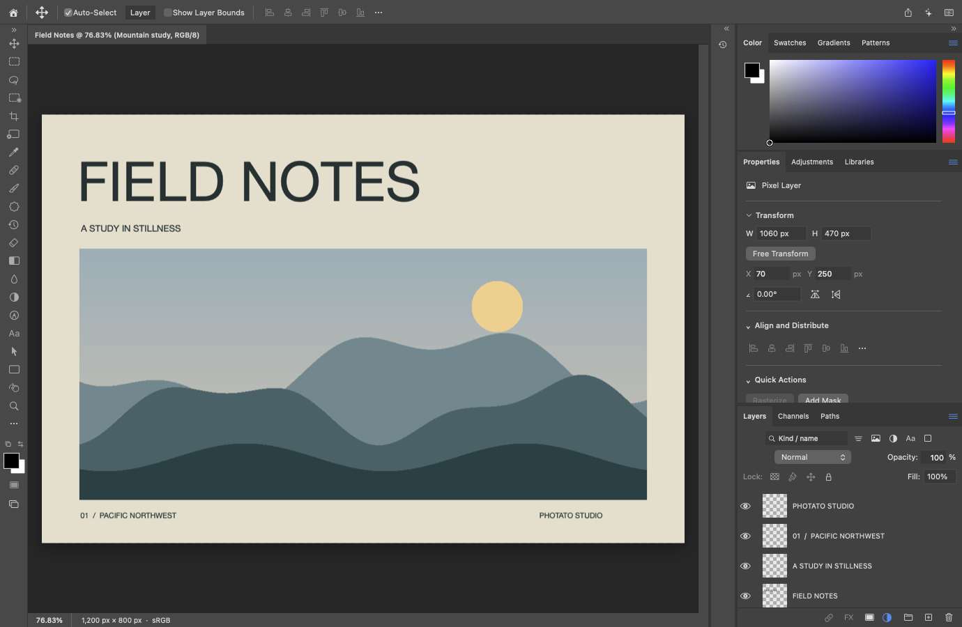 Photato’s native workspace displaying the original Field Notes landscape artwork, with tools, layers and colour controls.